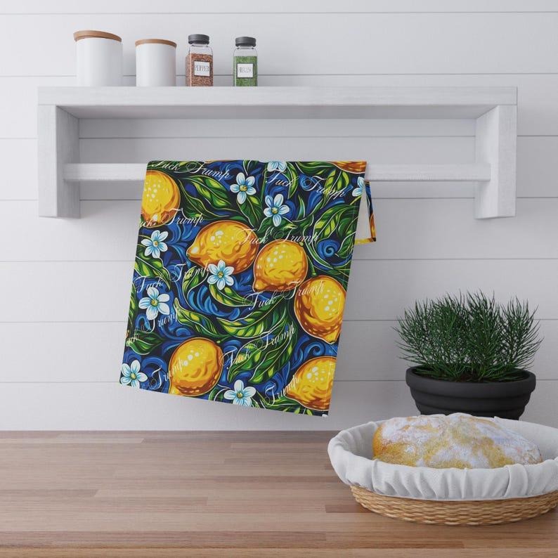 Lemon Blossom Tea Towel, Kitchen Decor, Anti-Trump Gift, Political Humor, Cotton Politically Incorrect Dish Cloth