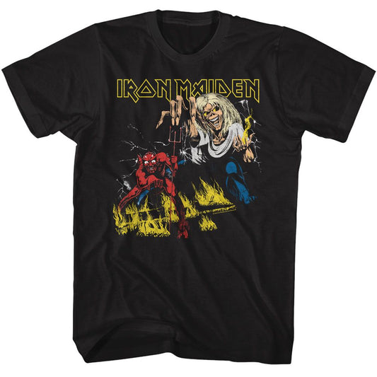 Iron Maiden - Eddie Fire And Devil - American Classics - Solid Black Adult Short Sleeve T-Shirt