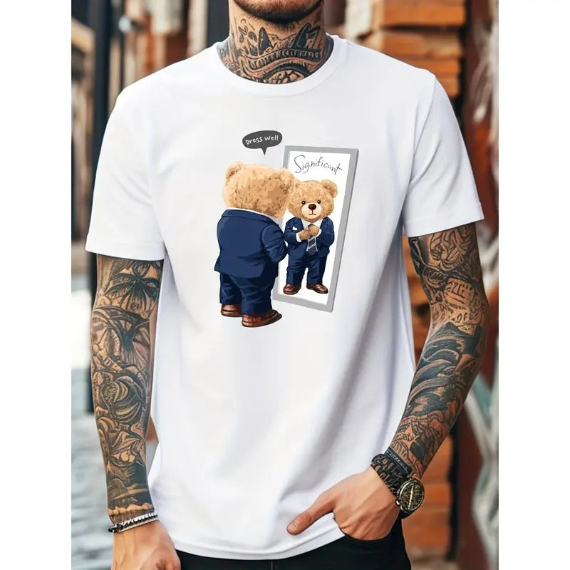 [Machine Washable Stretch Fit Tee] Men's Casual Short-Sleeve T-Shirt with Cool Bear Print - Breathable Cotton Blend,...