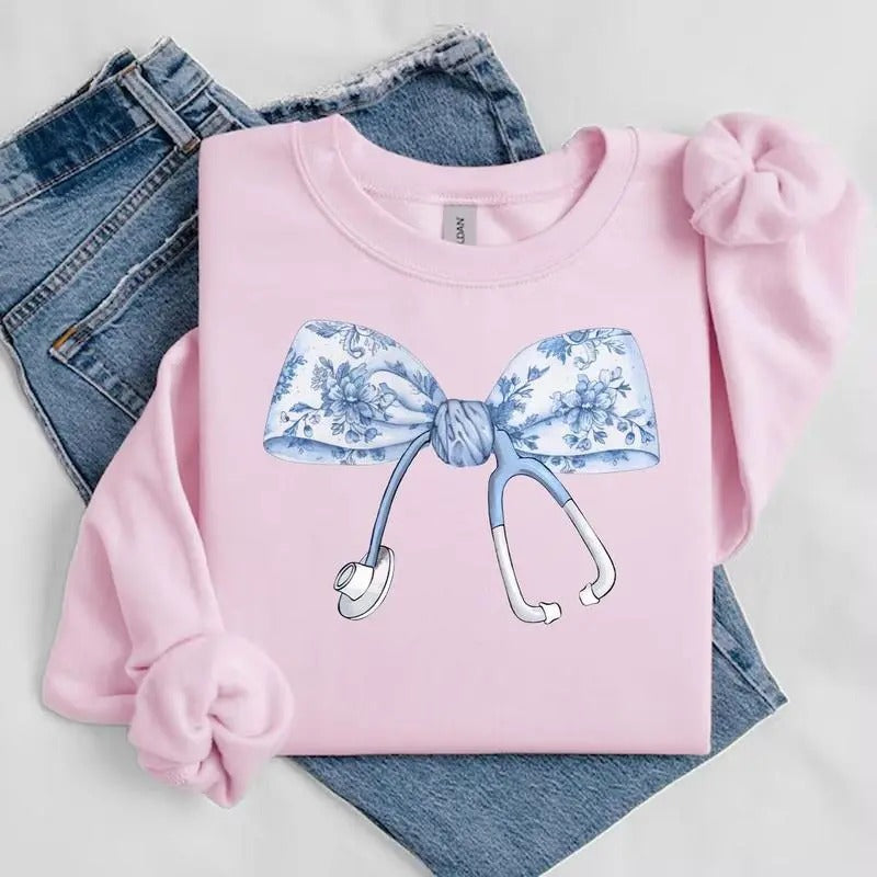 Nurse Coquette Toile bow Shirt, RN, Unisex Stethoscope Crewneck Sweatshirt, Nursing School, Nurses Week Appreciation