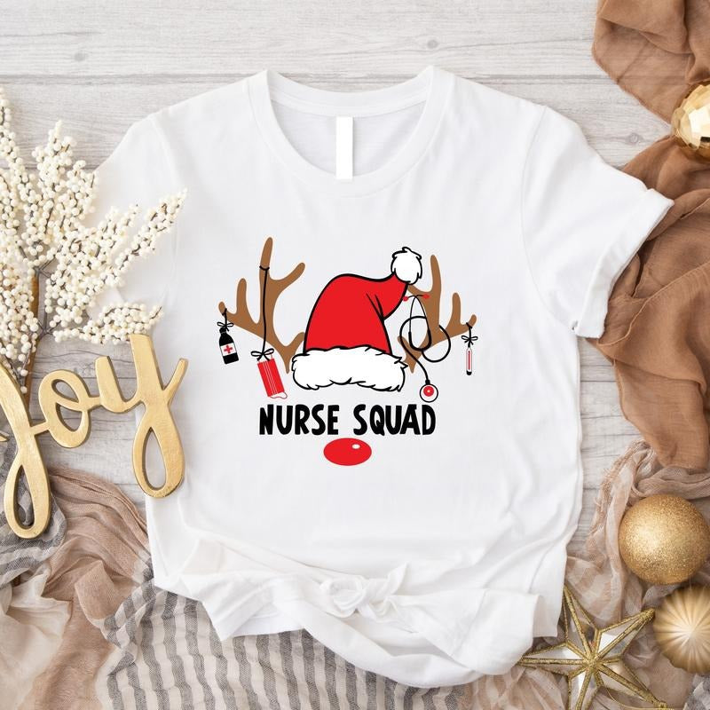 Nurse Squad Christmas Shirt, Matching Christmas Nursing Tee, Reindeer Nurse T-Shirt, Nursing School Xmas Gift Tee, Nurse Team Holiday Party Tee.