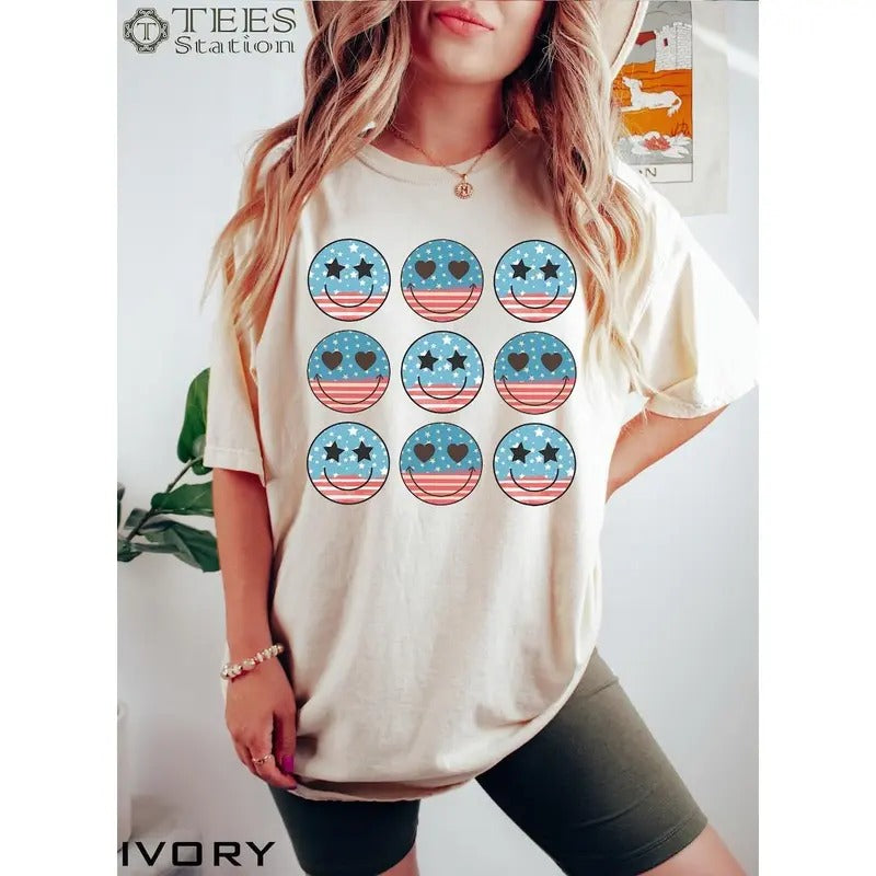 Premium  USA Flag Smiley Face Shirt, 4th of July Shirt, USA Graphic Tee, 4th of July Shirt For Women, Patriotic Womens Tees