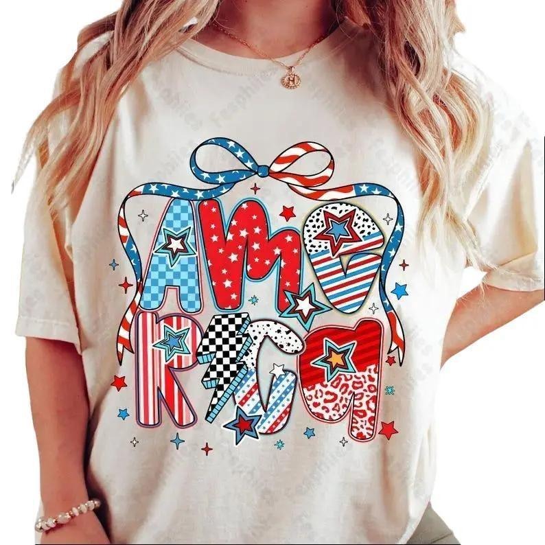 Retro America Coquette t-shirt, America Checkered t-shirt, Memorial Day t-shirt, 4th of July sưeatshirt, Girly USA t-shirt, Independence Day tshirt, Patriotic tshirt, women's shirts, Gift for Mom, Menswear Top, women top, Gift For menswear
