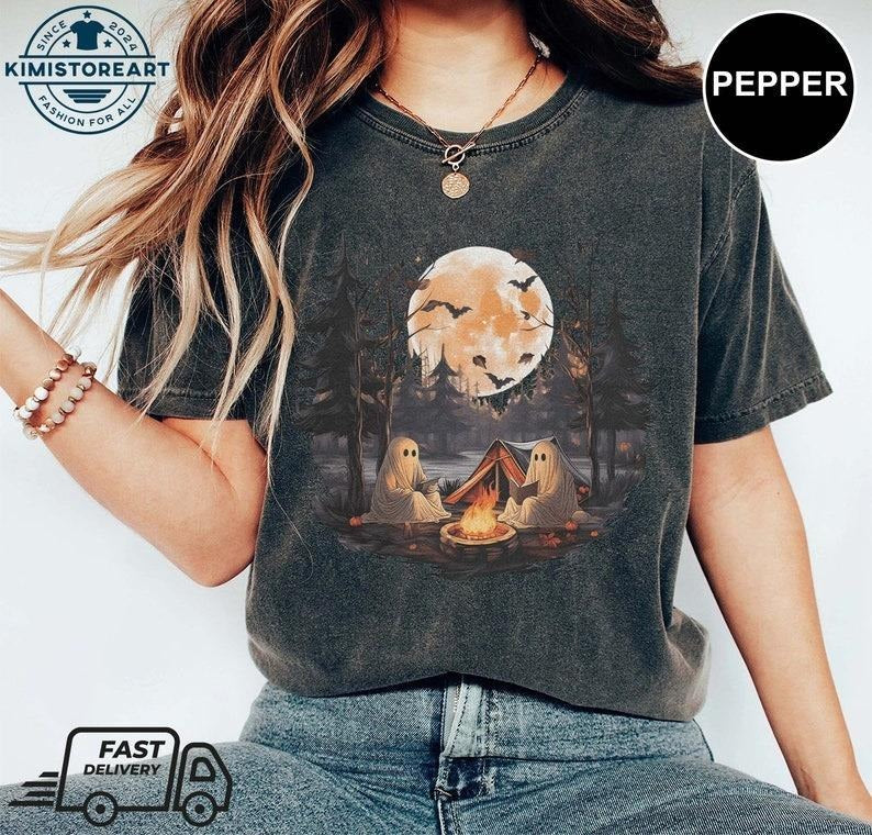 Retro Ghost Book Reading Camping Gothic Halloween Teachers  Com-fort color Shirt, Ghost Book Reading Shirt, Halloween Family Trip Tee, Camping Gothic Shirt, Halloween party 2024