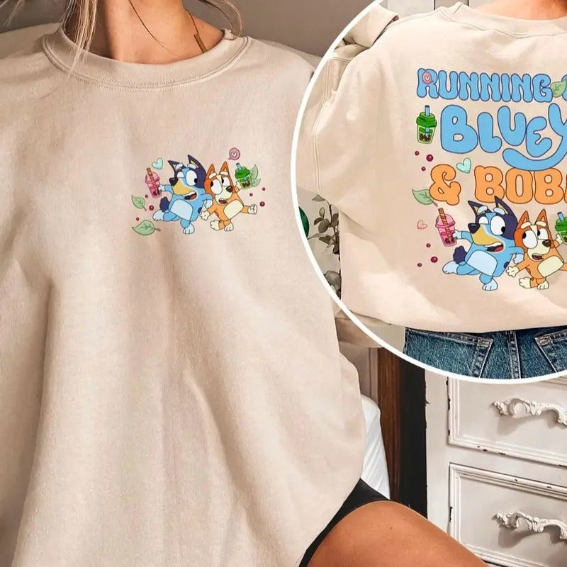 Retro Running On Bluey and Boba Shirt, Bluey and Bingo  Shirt, Bluey Sweatshirt, Bingo Hoodie, Bluey Family Shirt, Bluey Shirt