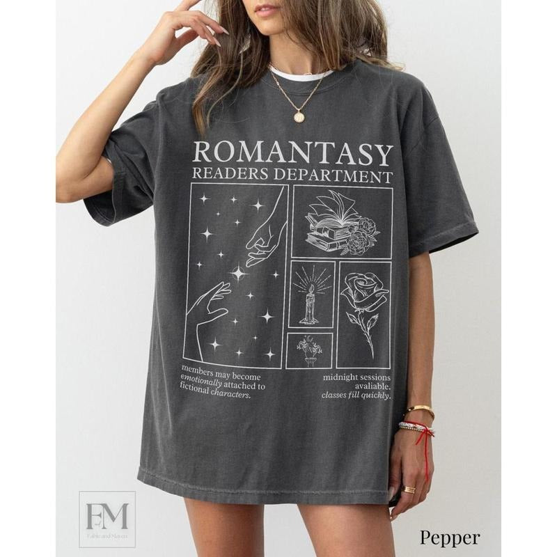 Romantasy Readers Department T-shirt Romantic Fantasy bookish Era dark academia romance literature book club gift for reader Casual Cotton