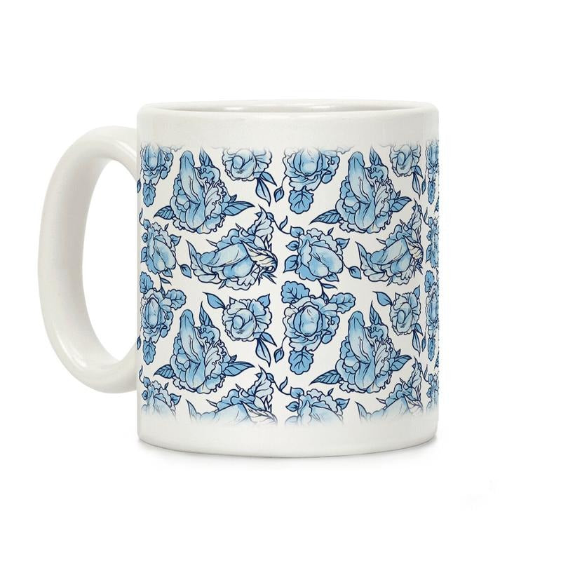 [Sale Up to 50% ] Floral Penis Blue Coffee Mug,  11 oz or 15 oz Ceramic Drinkware with Large Handles, Printed in the USA