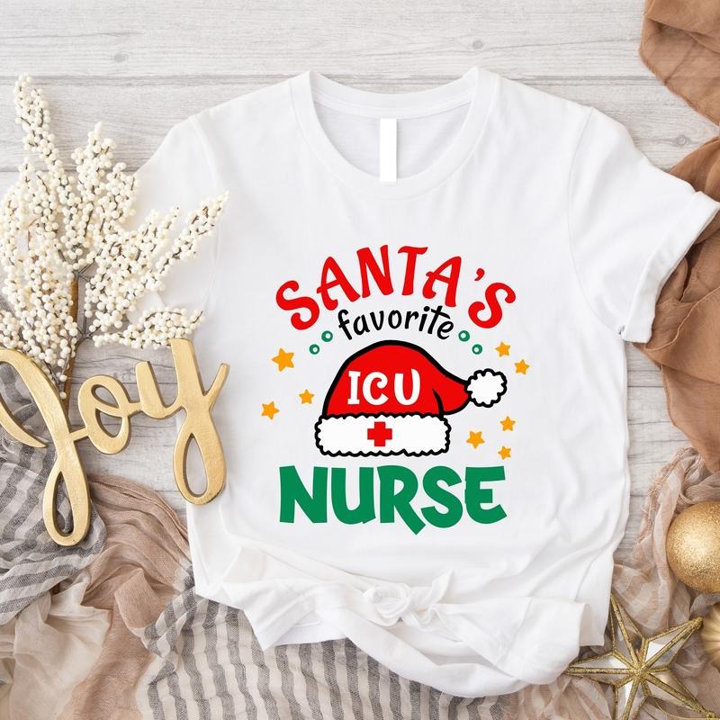 Santa's Favorite ICU Nurse Shirt, Intensive Care Unit Nurse Christmas T-Shirt, Favorite Nurse Gift Tee, Matching ICU Squad Hospital Holiday Tee.