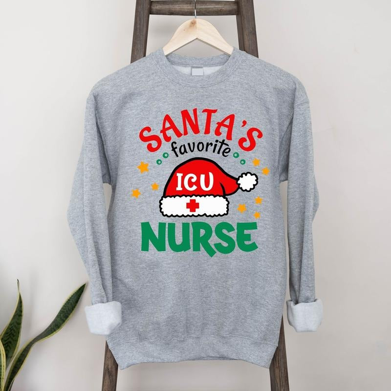 Santa's Favorite ICU Nurse Sweatshirt, Intensive Care Unit Nurse Christmas Hoodie, Favorite Nurse Gift Sweater, Matching ICU Squad Hospital Holiday Hoodie.