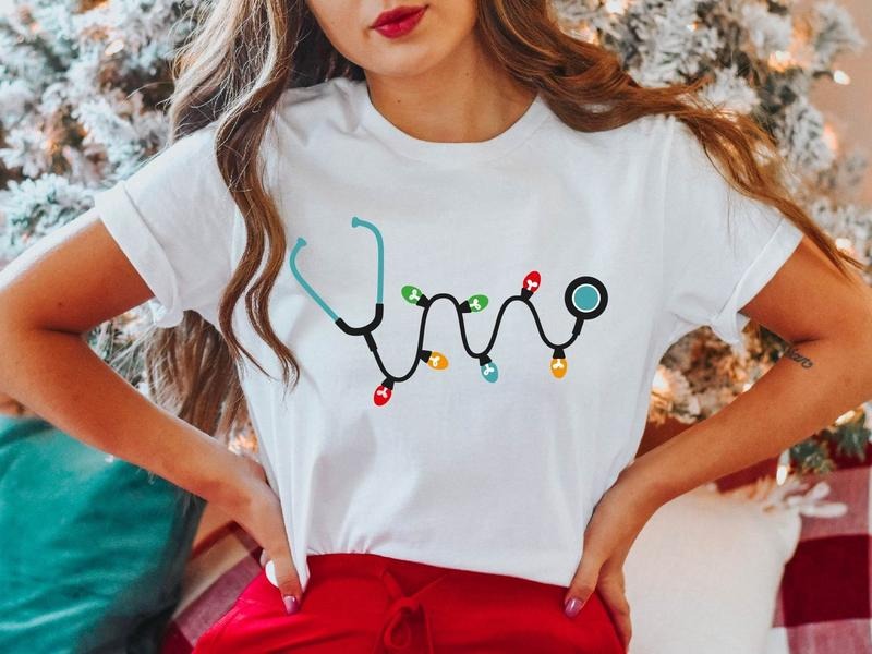 Stethoscope Christmas T-Shirt, Christmas Stethoscope Nurse Shirt, Christmas Lights Tee, Christmas Nursing Tee, Xmas Nurse Shirt, Nurse Holiday T-Shirt.