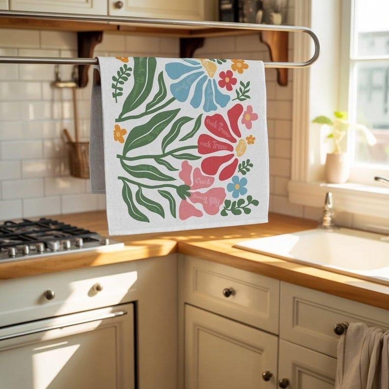 Subtle Fuck Trump Flowers Tea Towel Boho Kitchen Decor Anti Trump Gift Mom Unique Home Decor Anti Maga Towel Mothers Day