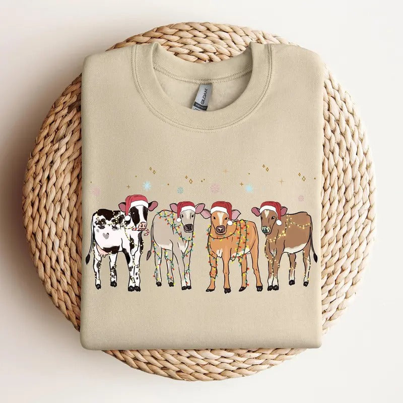 Unisex Christmas Cow Sweatshirt - Funny Cow Lover Gift, Holiday Sweater, Farm Christmas Shirt Classic Cotton