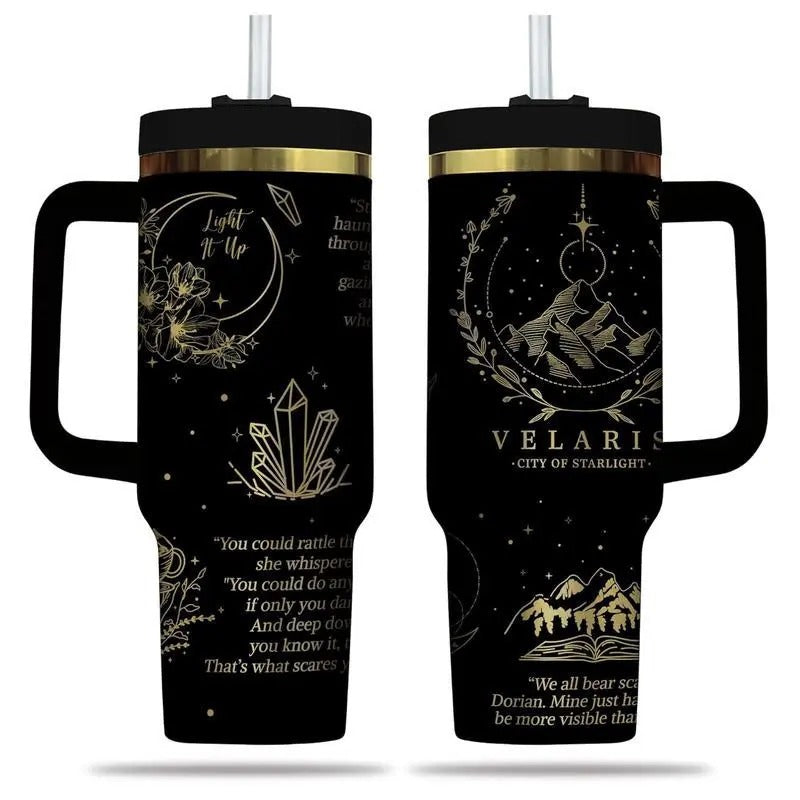 Velaris Tumbler With Handle, with Handle and Straw, Bookish Tumbler, Acotar 40Oz Tumbler, Velaris Tumbler, Golden Engraved Tumbler, Reusable Stainless Steel Water Bottle Travel Gifts for Her