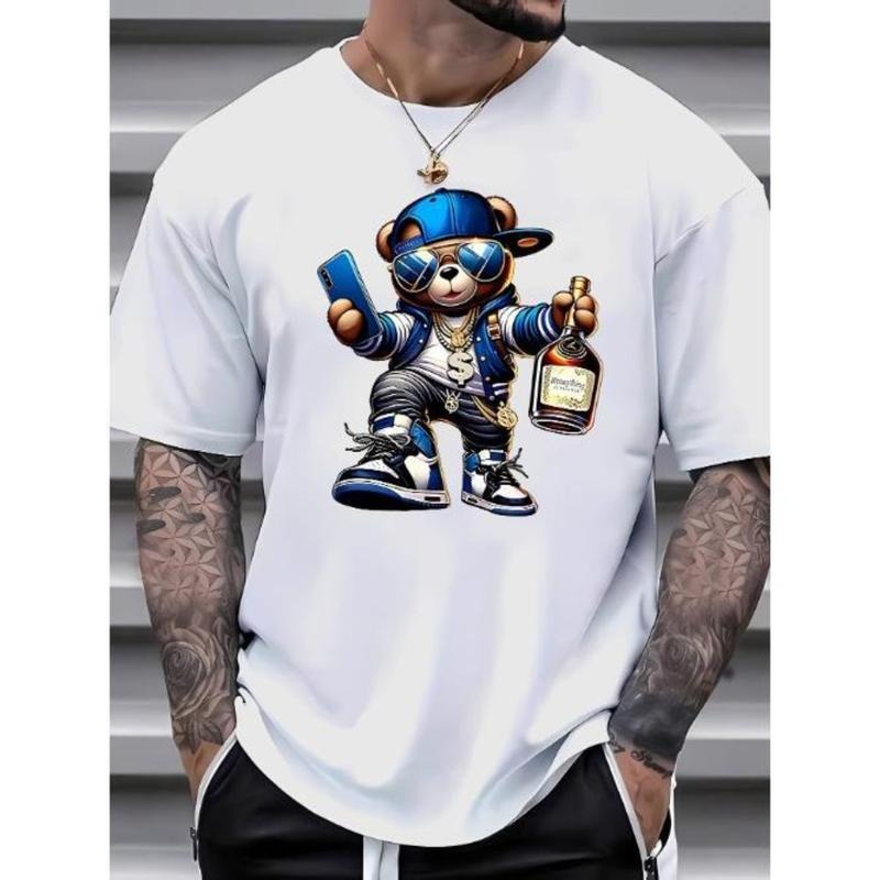Vibrant Street Style Bear Graphic Print Tee - Men's Casual Short Sleeve T-Shirts