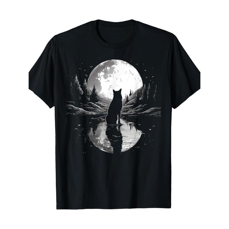 Wolf Looking Moon On River For Lover Wolves Wildlife Animal T-Shirt Made in USA