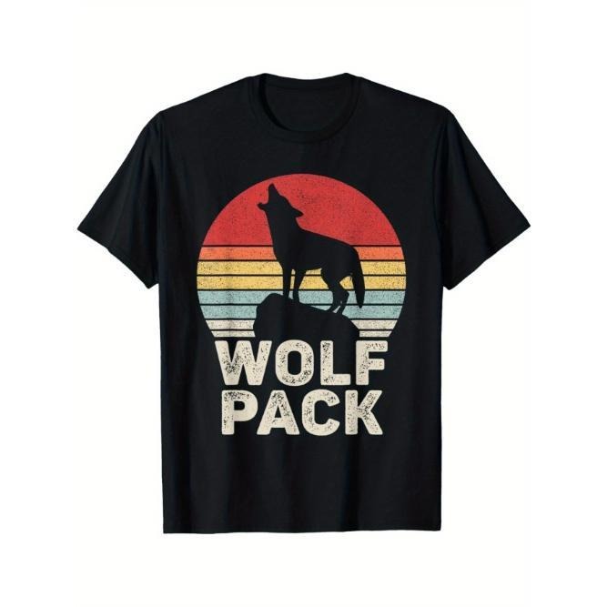 Wolf Print T-shirt Cotton Casual Summer Tee, Trendy Tops Crew Neck Tee, Comfort Street Style Tee, Must-have Fashionable Tee Made in USA