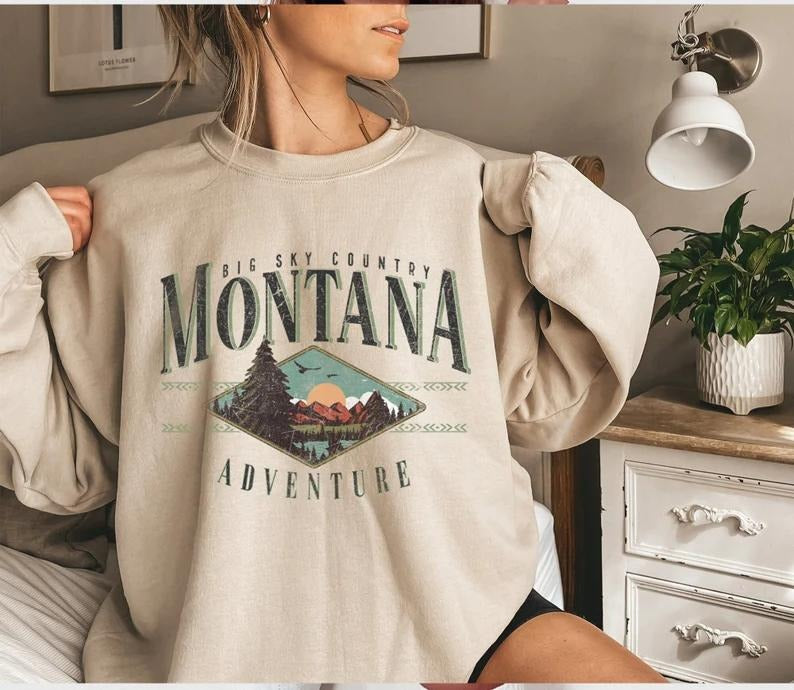 Women's & Unisex Montana Sweatshirt, Retro Graphic Mountain Crewneck, Casual Long Sleeve Round Neck Pullover, Nature Adventure Print, Cotton Spandex for Daily Wear & Mom Gift