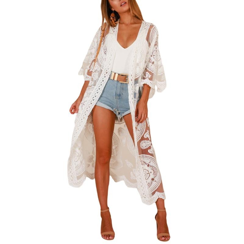 Women's Cardigan, Loose Long Sleeve Lace Embroidery Print Cardigan Smock for Vacation Travelling Party Cotton Light