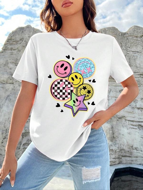 Women's Cartoon Face & Letter Print Round Neck Tee, Cute Fashion Casual Crew Neck T-shirt for Daily Holiday Vacation Outdoor Wear, Ladies Clothes for Summer