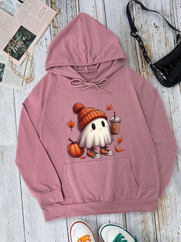 Women's Halloween Themed Ghost Print Drop Shoulder Drawstring Hoodie, Fashion Casual Kangaroo Pocket Hooded Sweatshirt for Daily Holiday Outdoor Wear, Women Clothing for Fall & Winter