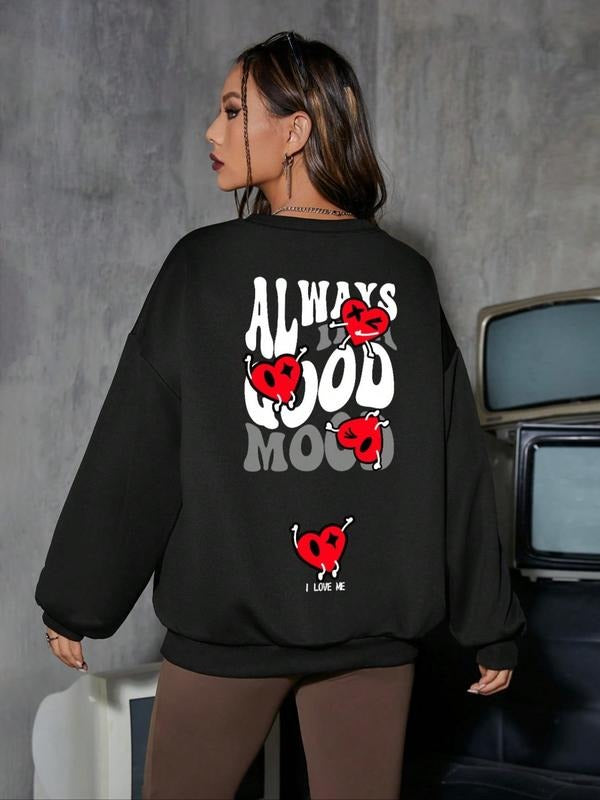 Women's Heart & Letter Print Drop Shoulder Pullover, Fashion Casual Crew Neck Sweatshirt for Daily Holiday Outdoor Wear, Women's 2024 Trendy Clothes for Fall & Winter