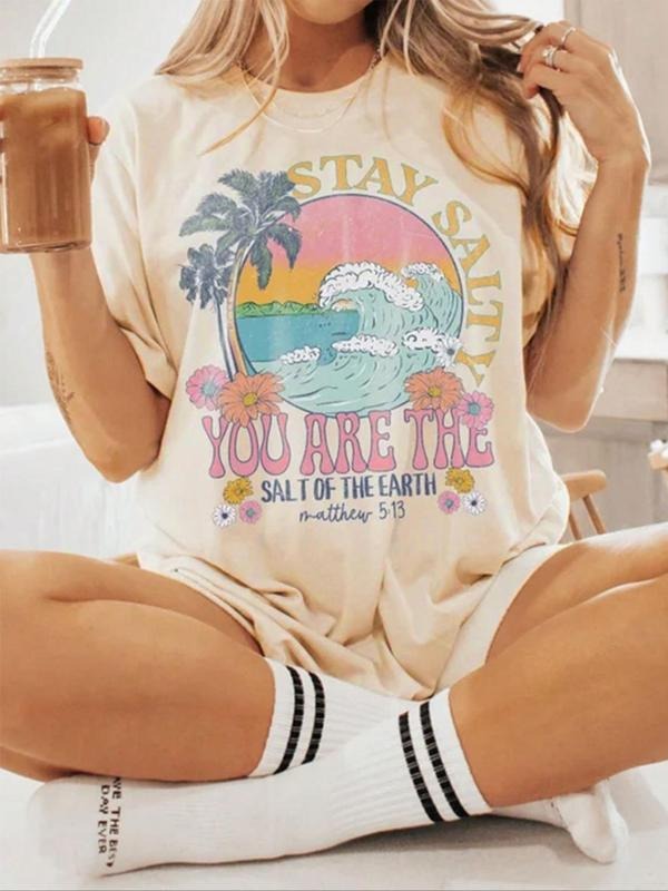 Women's Landscape Print Drop Shoulder Tee, Fashion Casual Crew Neck T-Shirt for Daily Holiday Vacation Outdoor Wear, Ladies Summer Clothes