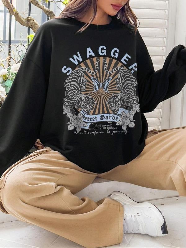 Women's Letter & Animal Print Drop Shoulder Sweatshirt, Casual Long Sleeve Round Neck Pullover For Fall & Winter, Women's Clothes For Daily Wear