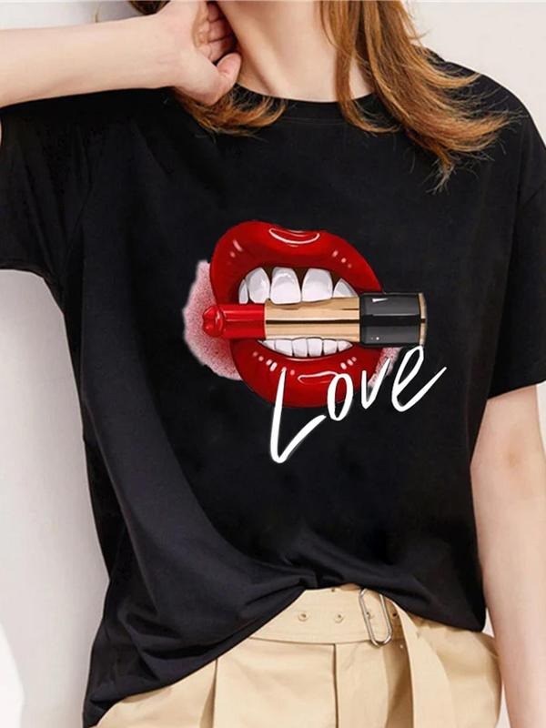 Women's Letter & Lip Print Short Sleeve Tee, Fashion Casual Crew Neck T-Shirt for Daily Holiday Vacation Outdoor Wear, Ladies Summer Clothes