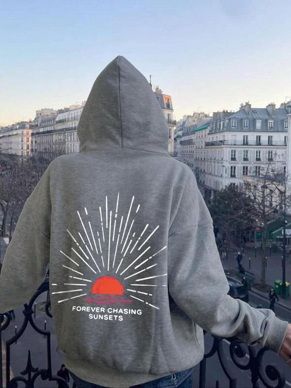 Women's Letter & Sun Print Drop Shoulder Hoodie, Fashion Casual Drawstring Pocket Hooded Sweatshirt for Daily Holiday Outdoor Wear, Women Clothing for Fall & Winter