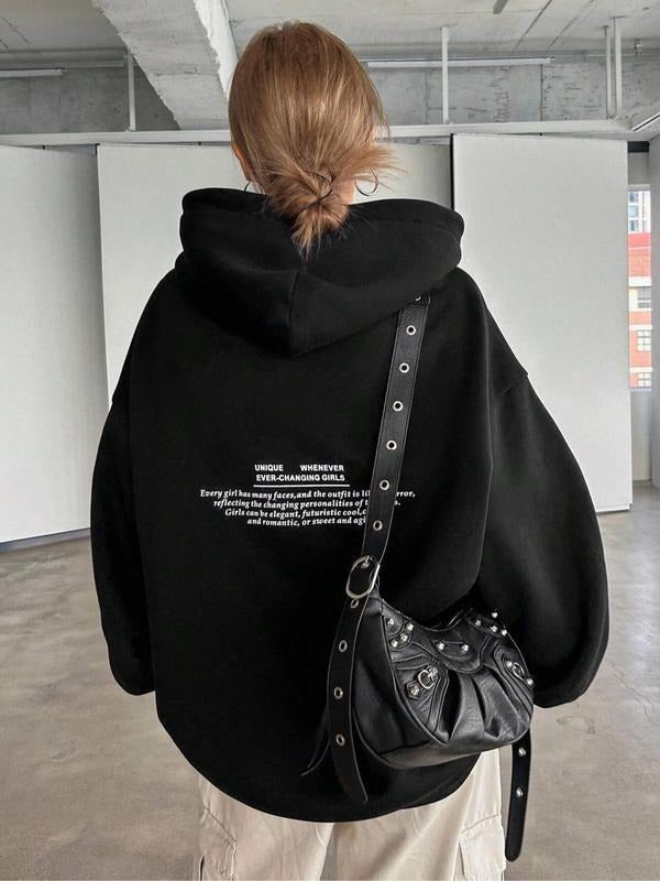 Women's Letter Print Drop Shoulder Hoodie, Fashion Casual Drawstring Pocket Hooded Sweatshirt for Daily Holiday Outdoor Wear, Women Clothing for Fall & Winter