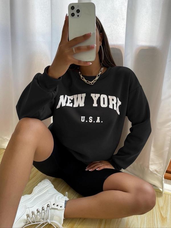 Women's Letter Print Drop Shoulder Sweatshirt, Fashion Casual Crew Neck Long Sleeve Pullover for Daily Holiday Outdoor Wear, Women Clothes for Spring & Fall