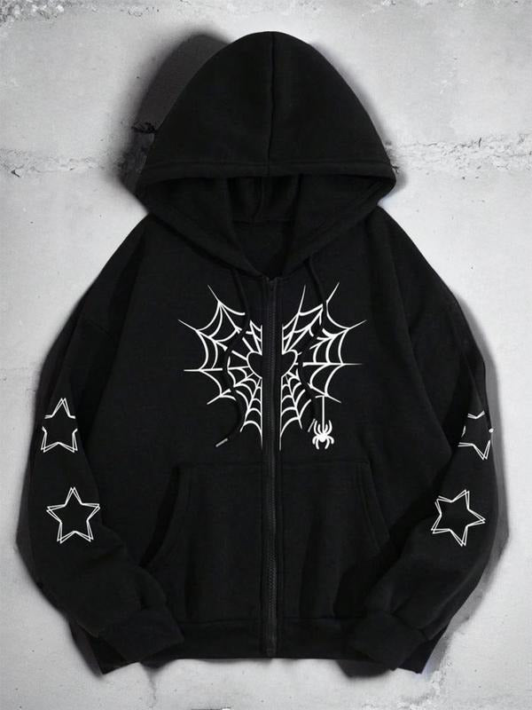 Women's Star & Spider Web Print Drop Shoulder Zip Up Hoodie, Spider Hoodie, Fashion Casual Drawstring Pocket Hooded Sweatshirt for Daily Holiday Outdoor Wear, Women Clothes for Spring & Fall, Womenswear