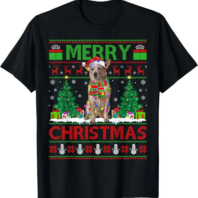 Xmas Tree Lights Ugly Santa Australian Cattle Dog Christmas T-Shirt Hoodie, Sweatshirt | VibeWeaveTees.com