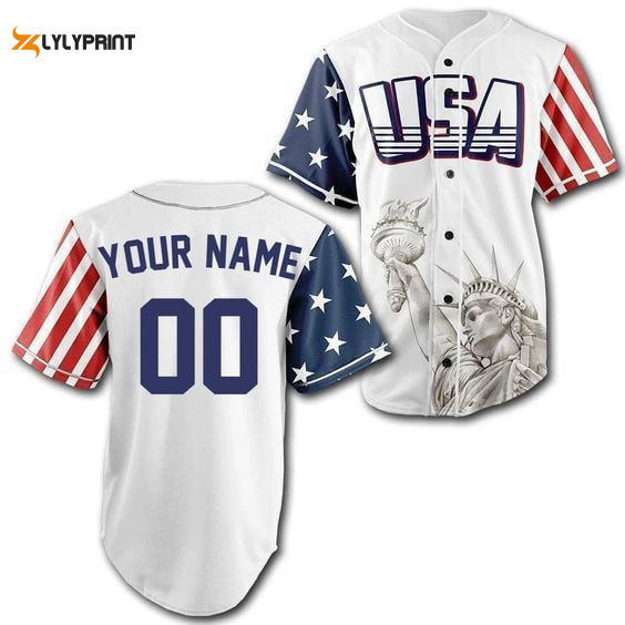 Personalized USA American Flag Statue of Liberty All Over Print Unisex Baseball Jersey - Gift for Men Women - lylyprint.com