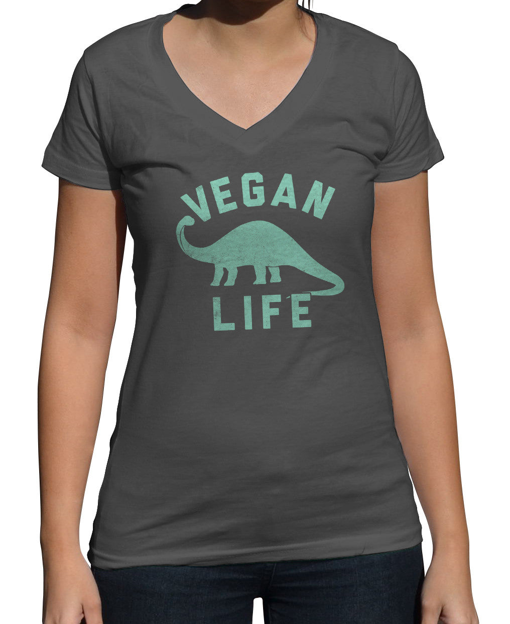 Women's Brontosaurus Vegan Life Vneck T-Shirt - Funny Vegan Shirt
